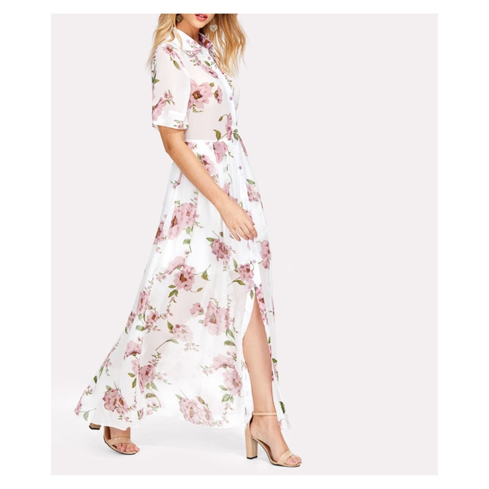 White Floral Button Down Maxi Shirt Dress - Picture 3 of 5